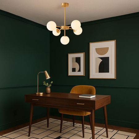 Lampa sufitowa złota metalowa z 5 mlecznymi kloszami ozdobna E27