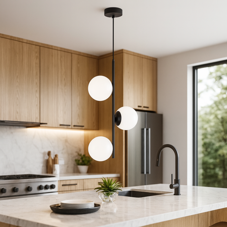 Lampa sufitowa czarna metalowa z 3 mlecznymi kloszami ozdobna E27 pionowa