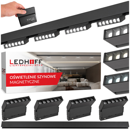 ZESTAW M20 4x Ruchoma lampa soczewkowa punktowa LED 6W 11cm czarna 3 BARWY ŚWIATŁA + szyna magnetyczna 1m