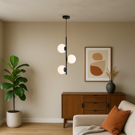 Lampa sufitowa czarna metalowa z 3 mlecznymi kloszami ozdobna E27 pionowa