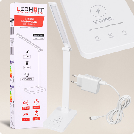 Lampka biurkowa LED biała 6W z ładowarką indukcyjną i portem USB