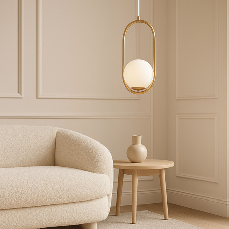 Lampa sufitowa złota metalowa z mlecznym kloszem ozdobna szklana kula E27 w owalnej ramie