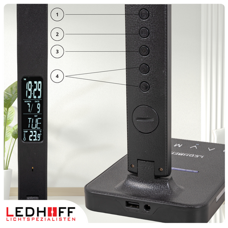 Lampka biurkowa LED czarna 8W + budzik kalendarz ekran LCD + ładowarka indukcyjna