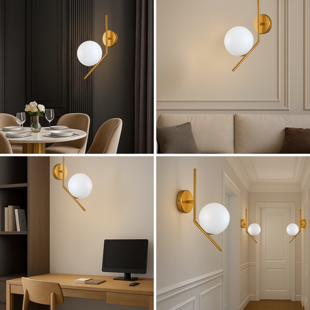 Lampa ścienna złota metalowa z mlecznym kloszem ozdobna szklana kula E27 kinkiet design