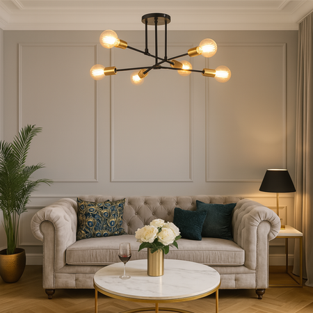 Lampa sufitowa czarno-złota metalowa E27 ozdobna 6-punktowa Trinity