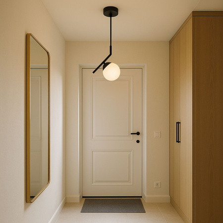 Lampa sufitowa czarna metalowa z mlecznym kloszem ozdobna szklana kula E27 design