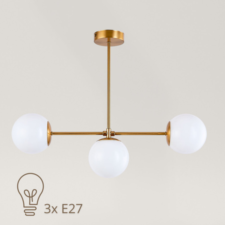 Lampa sufitowa złota metalowa z 3 mlecznymi kloszami ozdobna E27