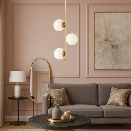 Lampa sufitowa złota metalowa z 3 mlecznymi kloszami ozdobna E27 pionowa