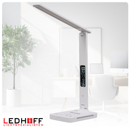 Lampka biurkowa LED biała 8W + budzik kalendarz ekran LCD + ładowarka indukcyjna