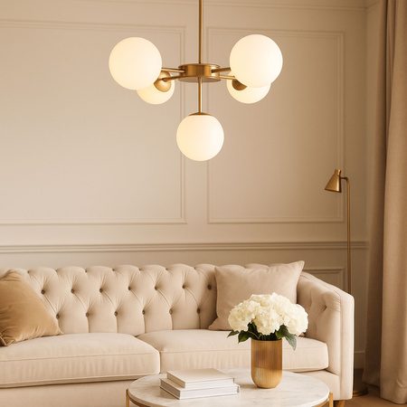 Lampa sufitowa złota metalowa z 5 mlecznymi kloszami ozdobna E27