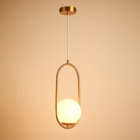 Lampa sufitowa złota metalowa z mlecznym kloszem ozdobna szklana kula E27 w owalnej ramie