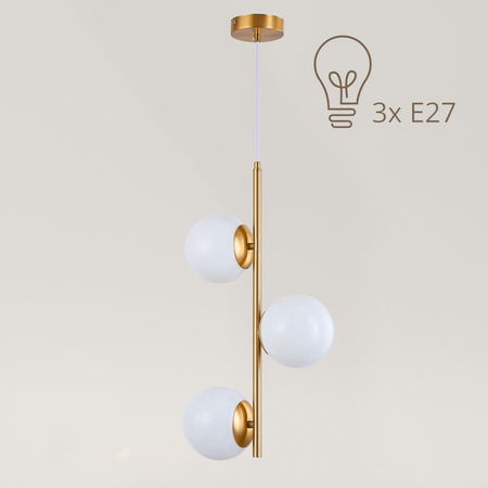 Lampa sufitowa złota metalowa z 3 mlecznymi kloszami ozdobna E27 pionowa