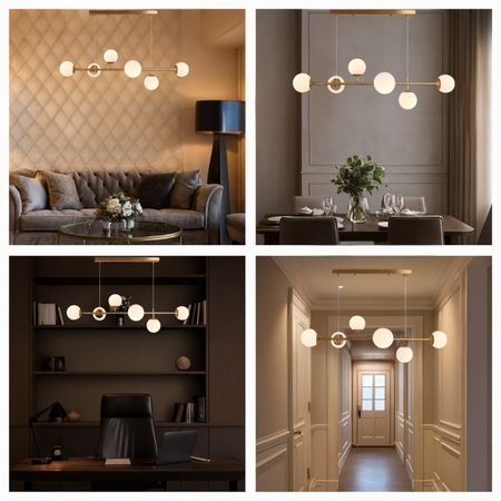 Lampa sufitowa złota metalowa z 6 mlecznymi kloszami ozdobna E27 listwa