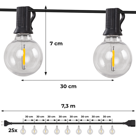 Girlanda ogrodowa łańcuch świetlny 7,3m + 25x żarówka LED kulka