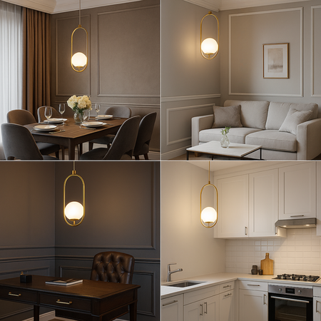 Lampa sufitowa złota metalowa z mlecznym kloszem ozdobna szklana kula E27 w owalnej ramie