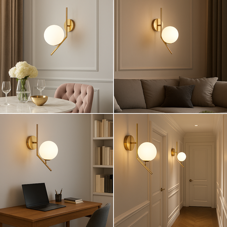 Lampa ścienna złota metalowa z mlecznym kloszem ozdobna szklana kula E27 kinkiet design