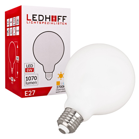 Żarówka LED E27 ozdobna duży mleczny klosz 8W mocne ciepłe światło 1070lm 2700K