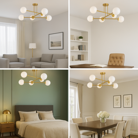 Lampa sufitowa złota metalowa z 6 mlecznymi kloszami ozdobna E27