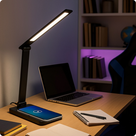 Lampka biurkowa LED czarna 6W z ładowarką indukcyjną i portem USB