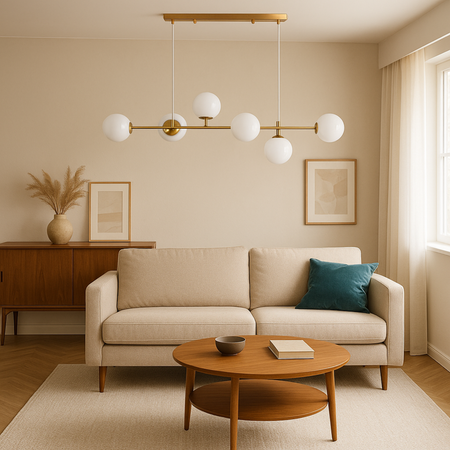 Lampa sufitowa złota metalowa z 6 mlecznymi kloszami ozdobna E27 listwa