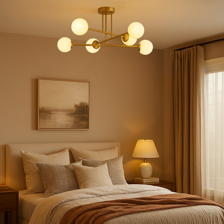 Lampa sufitowa złota metalowa z 6 mlecznymi kloszami ozdobna E27