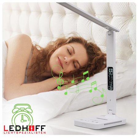 Lampka biurkowa LED biała 8W + budzik kalendarz ekran LCD + ładowarka indukcyjna