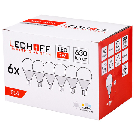 6x Żarówka LED E14 NATURALNA 7W = 60W 630lm 4000K