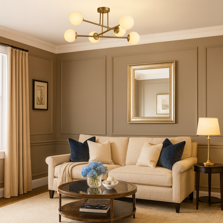 Lampa sufitowa złota metalowa z 6 mlecznymi kloszami ozdobna E27