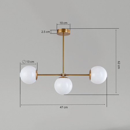 Lampa sufitowa złota metalowa z 3 mlecznymi kloszami ozdobna E27