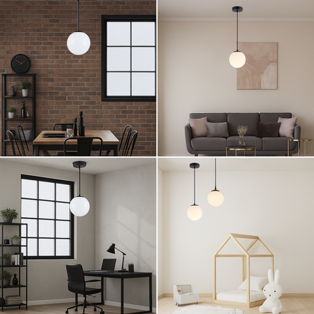 Lampa sufitowa czarna metalowa z mlecznym kloszem ozdobna szklana kula E27