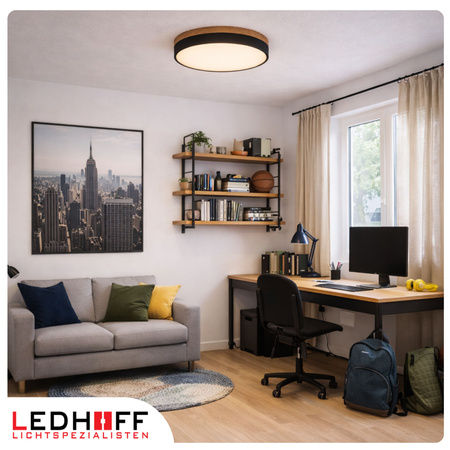 Lampa sufitowa LED Plafon 40cm z drewnem CZARNA Okrągła 40W naturalna 4000K