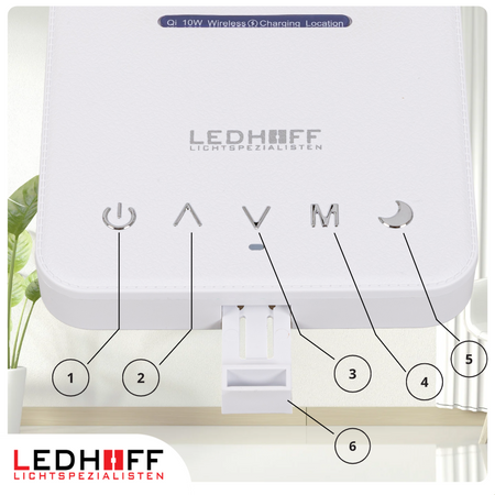 Lampka biurkowa LED biała 8W + budzik kalendarz ekran LCD + ładowarka indukcyjna