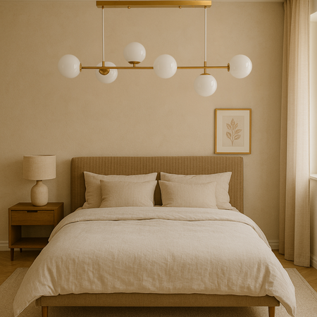 Lampa sufitowa złota metalowa z 6 mlecznymi kloszami ozdobna E27 listwa