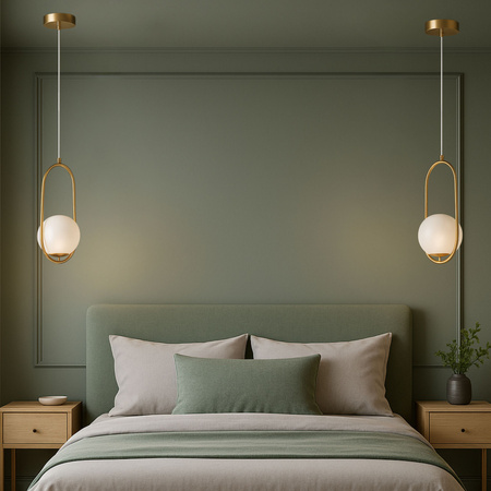 Lampa sufitowa złota metalowa z mlecznym kloszem ozdobna szklana kula E27 w owalnej ramie