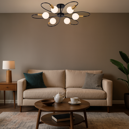 Lampa sufitowa czarno-złota metalowa E27 ozdobna 6-punktowa nowoczesna Fiora