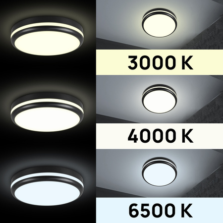 Plafon sufitowy LED okrągły czarny 3 barwy światła zmienna moc 22cm IP54 z czujnikiem ruchu
