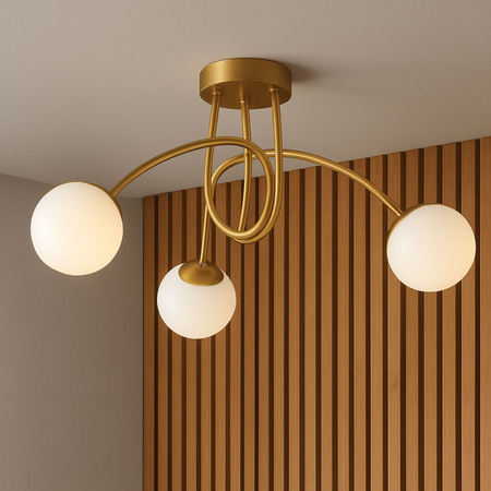 Lampa sufitowa złota metalowa z 3 mlecznymi kloszami ozdobna E27 design