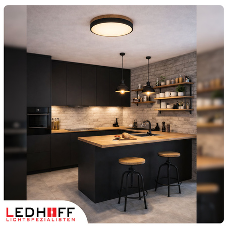 Lampa sufitowa LED Plafon 40cm z drewnem CZARNA Okrągła 40W naturalna 4000K