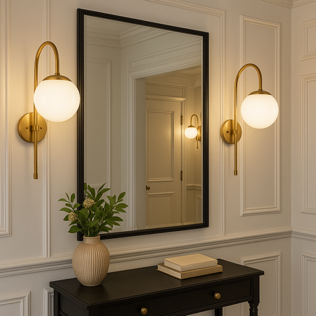 Lampa ścienna złota metalowa z mlecznym kloszem ozdobna szklana kula E27 kinkiet