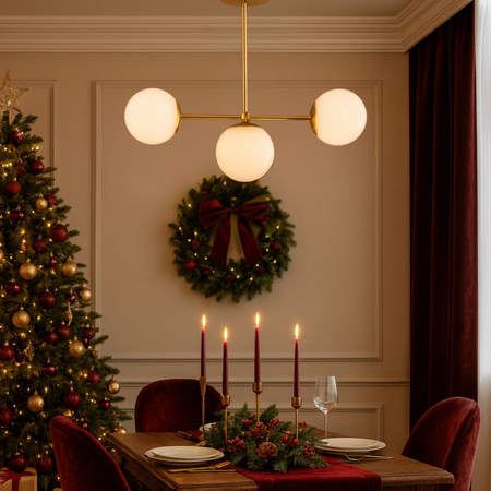 Lampa sufitowa złota metalowa z 3 mlecznymi kloszami ozdobna E27