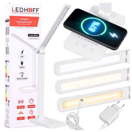 Lampka biurkowa LED biała 6W z ładowarką indukcyjną i portem USB
