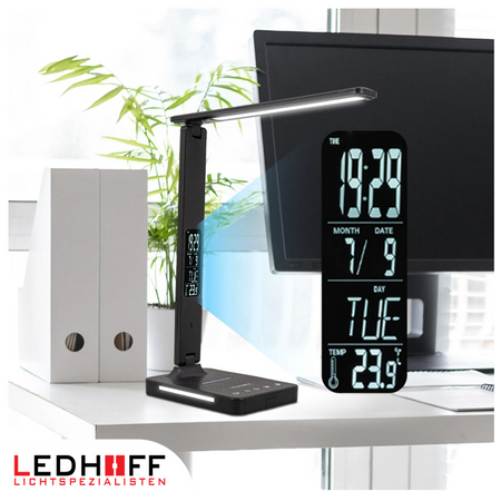 Lampka biurkowa LED czarna 8W + budzik kalendarz ekran LCD + ładowarka indukcyjna