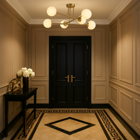 Lampa sufitowa złota metalowa z 6 mlecznymi kloszami ozdobna E27