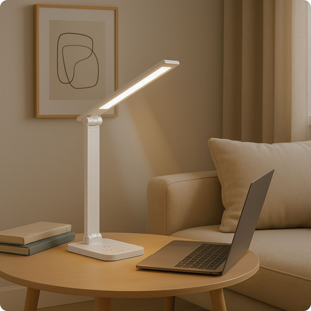 Lampka biurkowa LED biała 6W z ładowarką indukcyjną i portem USB