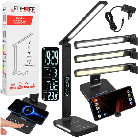 Lampka biurkowa LED czarna 8W + budzik kalendarz ekran LCD + ładowarka indukcyjna