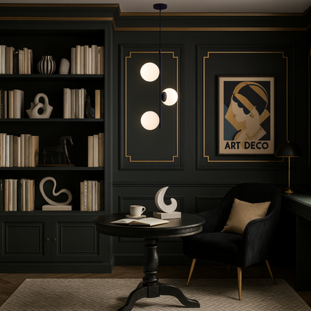 Lampa sufitowa czarna metalowa z 3 mlecznymi kloszami ozdobna E27 pionowa