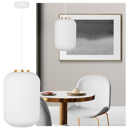 Lampa wisząca szklana E27 biała złota GLAMOUR szkło ryflowane