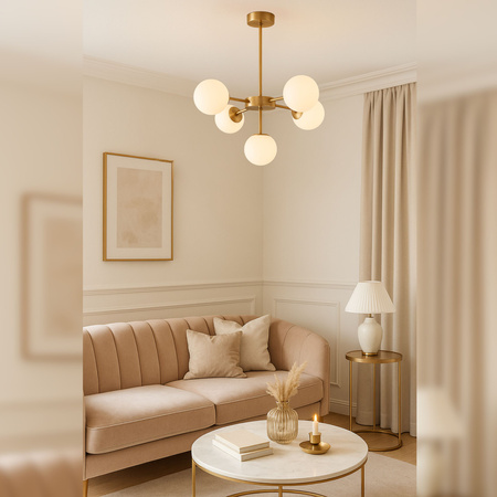 Lampa sufitowa złota metalowa z 5 mlecznymi kloszami ozdobna E27