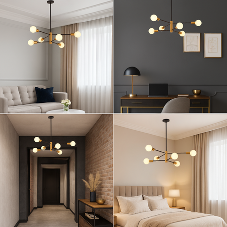 Lampa sufitowa czarno-złota metalowa E27 ozdobna 6-punktowa modern design