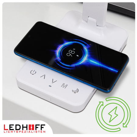 Lampka biurkowa LED biała 8W + budzik kalendarz ekran LCD + ładowarka indukcyjna